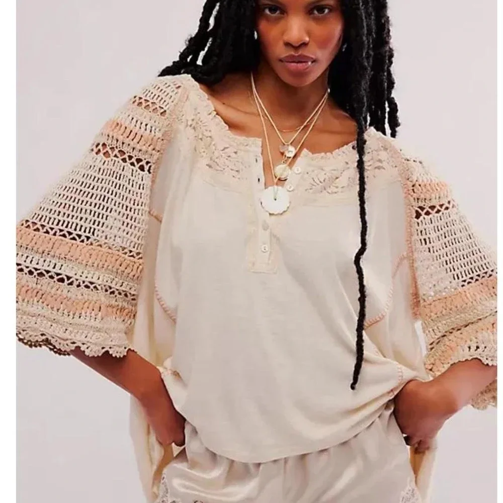 Free People Crochet Blouse XS Cream Oversized Indie Fairy Boho Top